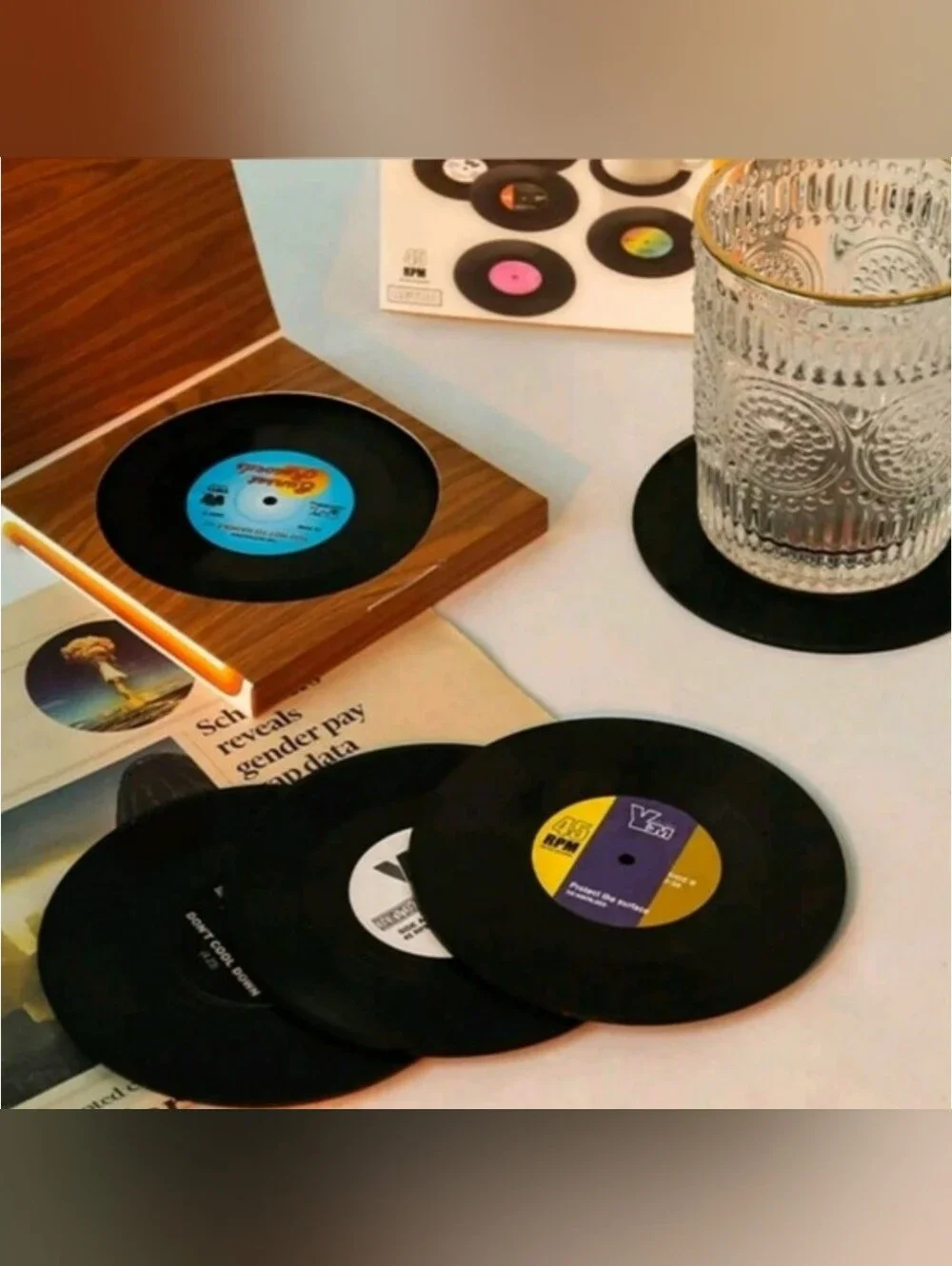 Set of 6 Vinyl Record Retro Anti Slip Coasters In Box